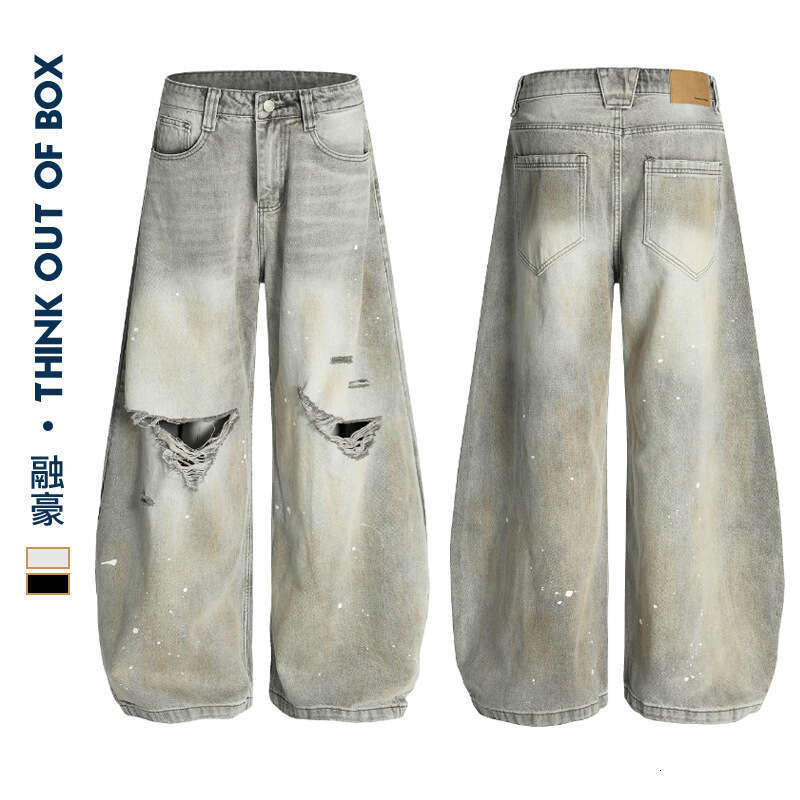 Summer New High Street Ink Splash Dye Distressed Scimitar Jeans Long Unique Design Unisex Wide Leg Casual Pants