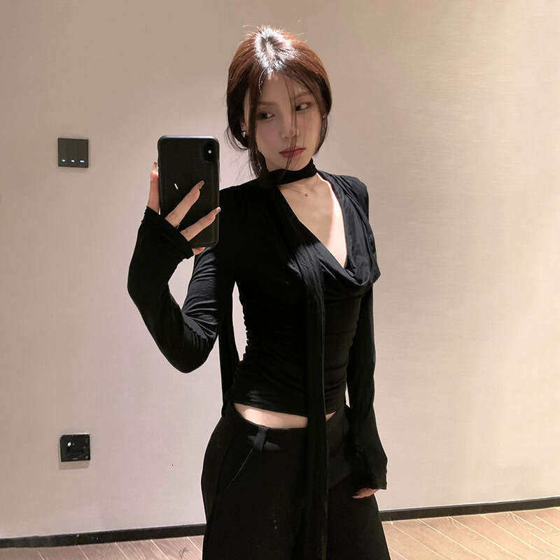 2023 Autumn New Women's Solid Color Slim Fit Street Fashion V-Neck Long Sleeve Top ab7