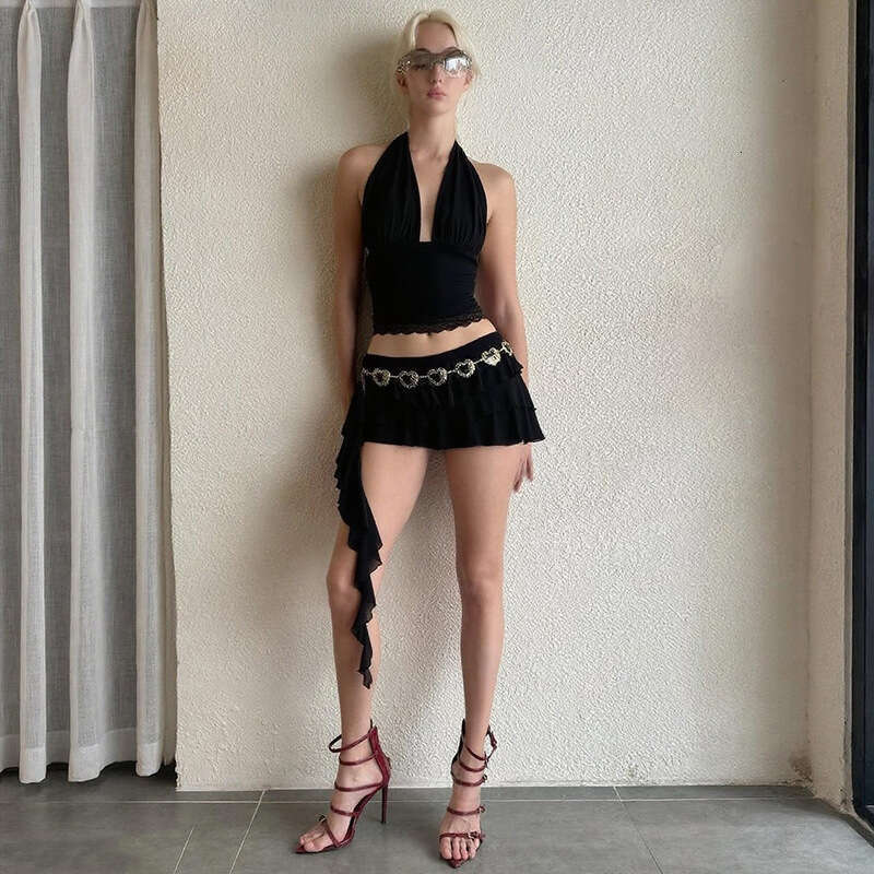 2025 Summer INS Style Fashion Casual Deep V Neck Halter Top High Waist Ribbon Skirt Set for Women dc3