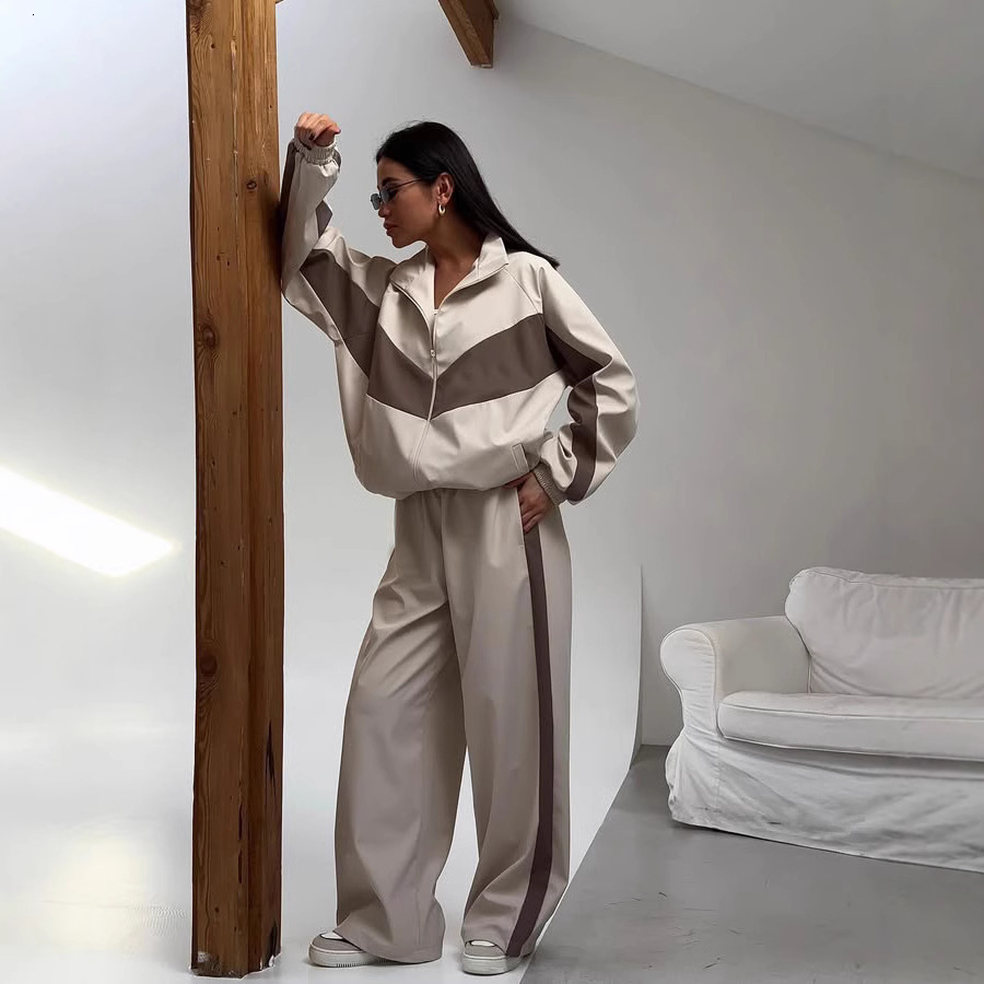 Womens Casual Set Fashion Loose Color Block Long Sleeve Zipper Cardigan Contrast Top Long Pants Sports Set