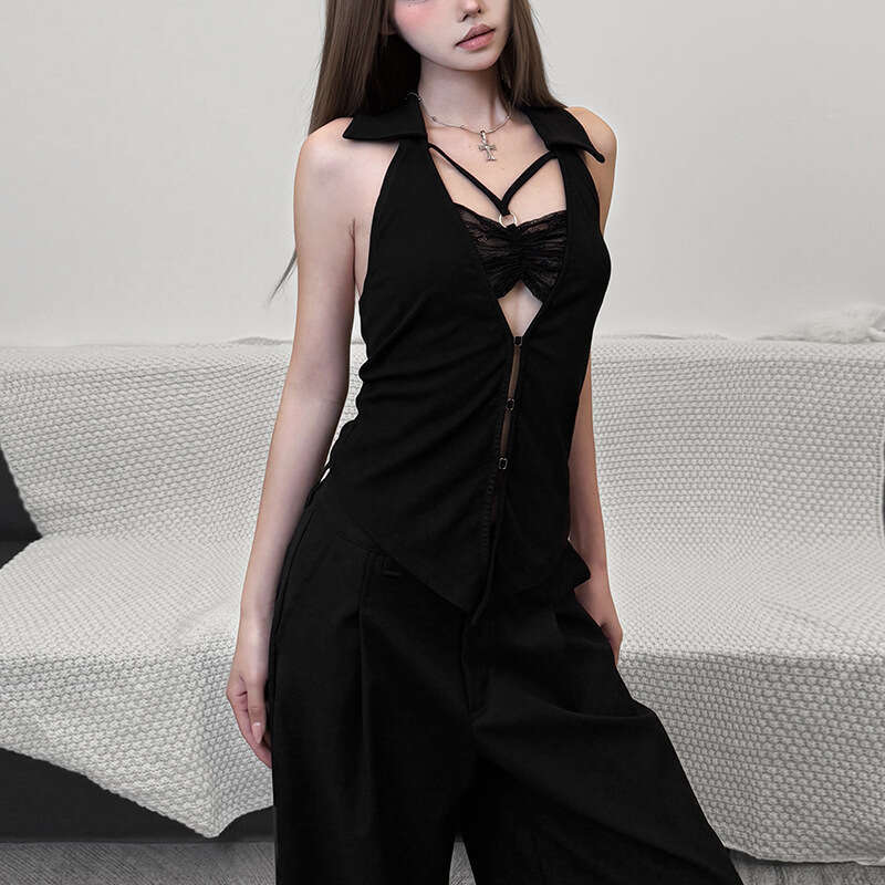 2025 Spring New Women's Solid Color Slim Fit Street Fashion Halter Sexy Backless Tank Top aac