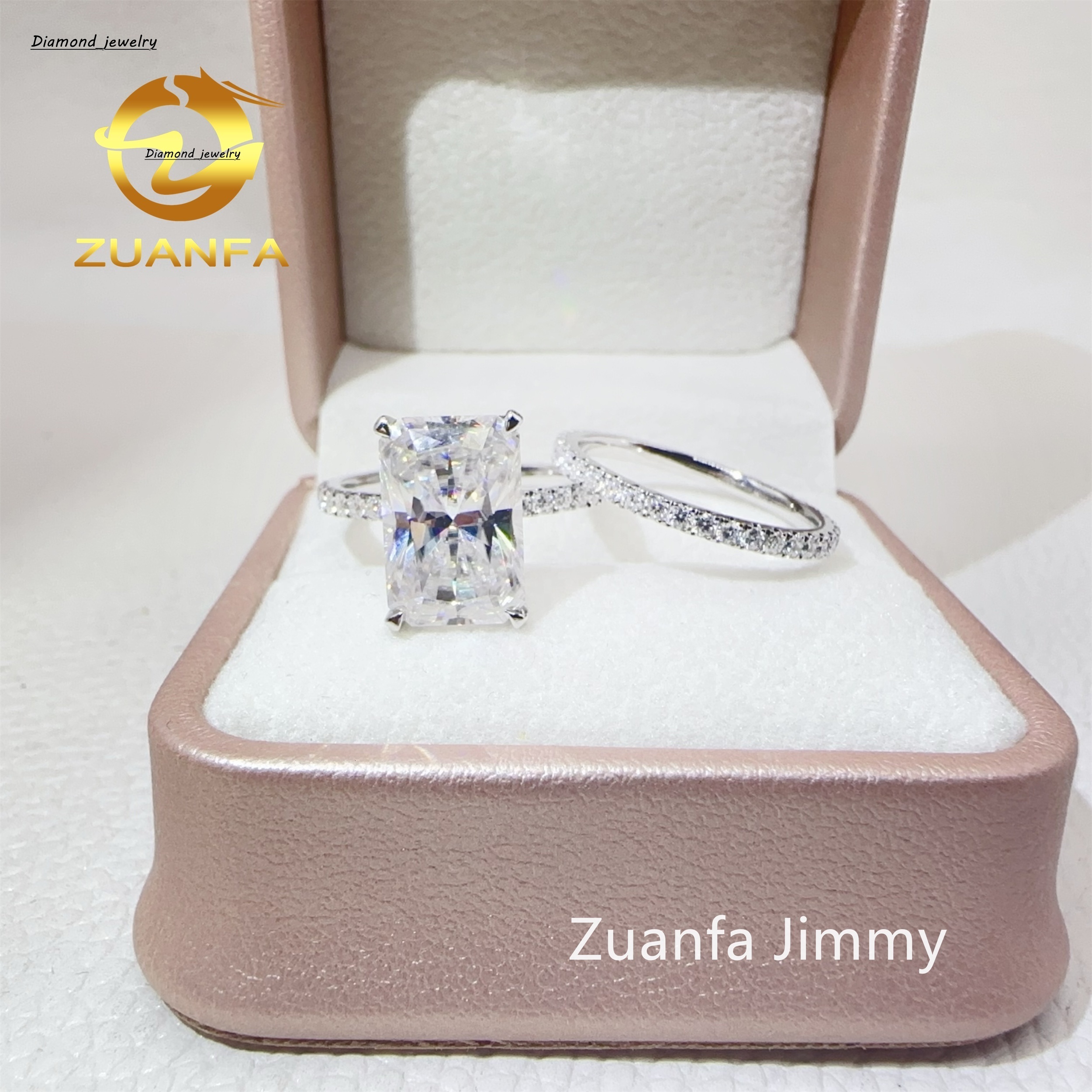 Custom Elegant Bridal Jewelry 10k 14k Solid White Gold 5CT Crushed Radiant Moissanite Diamond Engagement Band Ring Set
