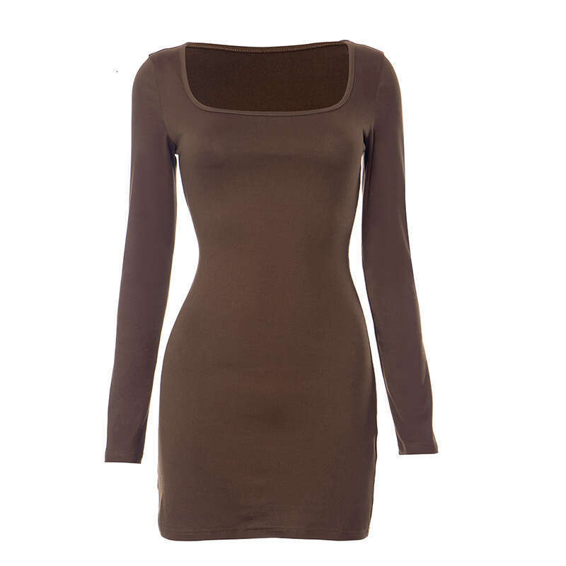 Q23ds460 Autumn New Ins Style Solid Color Square Neck Pullover Long Sleeve Bodycon Dress B5