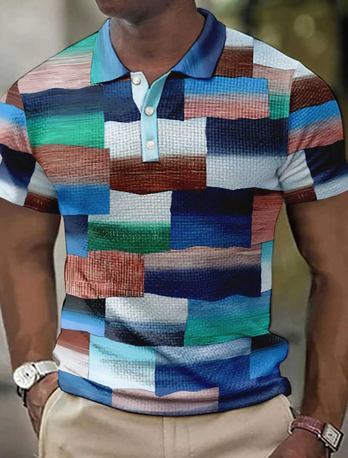Men Polo Shirt with Lapels Polo Buttons Striped Plaid Pattern 3D Printed Geometric Cuffs Outdoor Street Short-Sleeved Clothing XJ250725