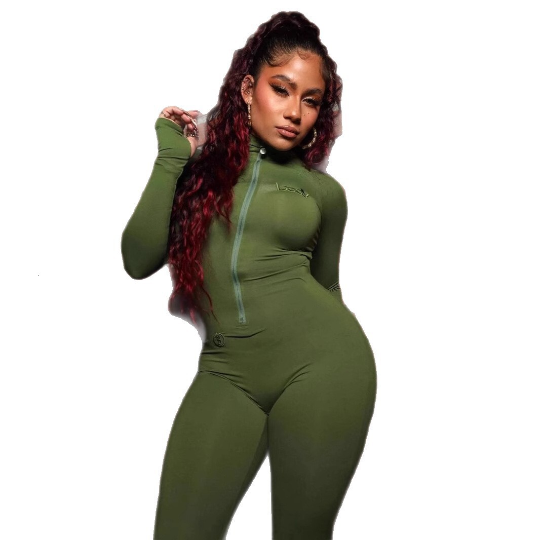 New Fashion Womens Clothing Sexy Street Style Solid Color Zipper Long Sleeve Round Neck Jumpsuit for Women