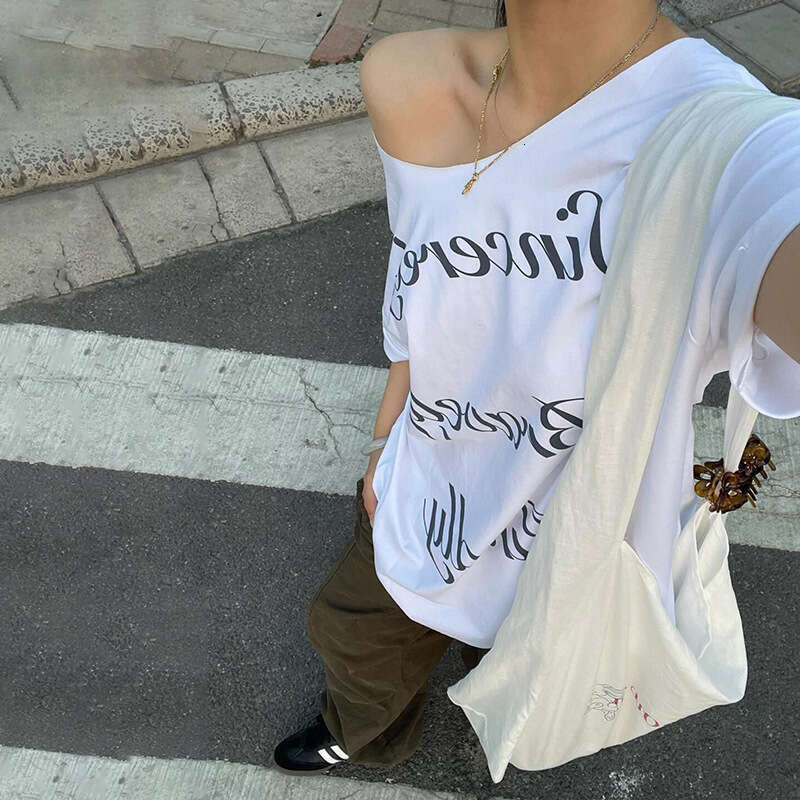 INS Style 2025 Summer New Women's Solid Color Loose Street Fashion Asymmetrical Neck Short Sleeve Top a8a