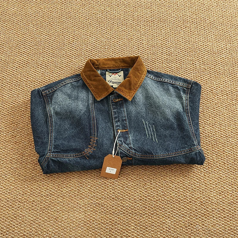 Spring American Retro Heavyweight Neckline Contrast Color Corduroy Washed Old Cargo Denim Jacket Mens Lapel Casual Coat 250717
