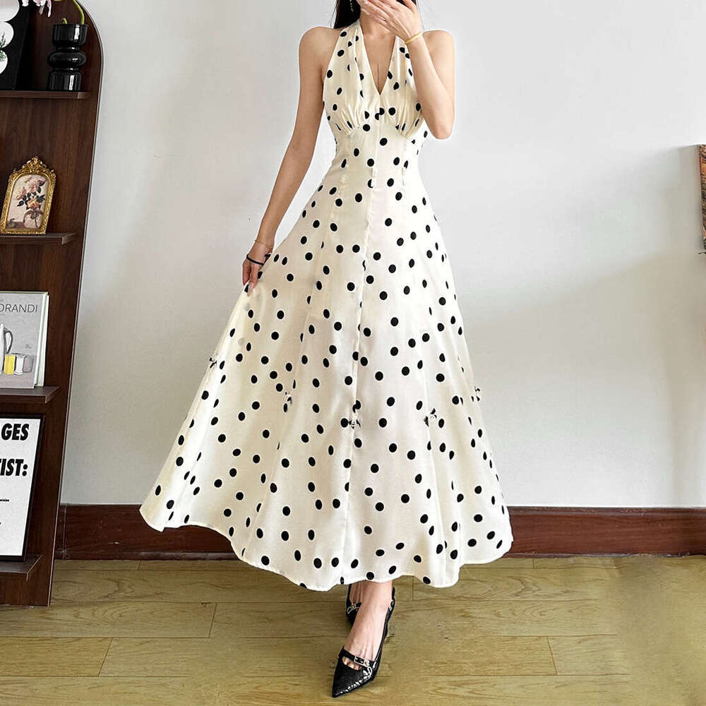 2025 Summer New Fashion Polka Dot Slim Halter Neck Trendy Waist-Cinching Elegant Long Dress 410