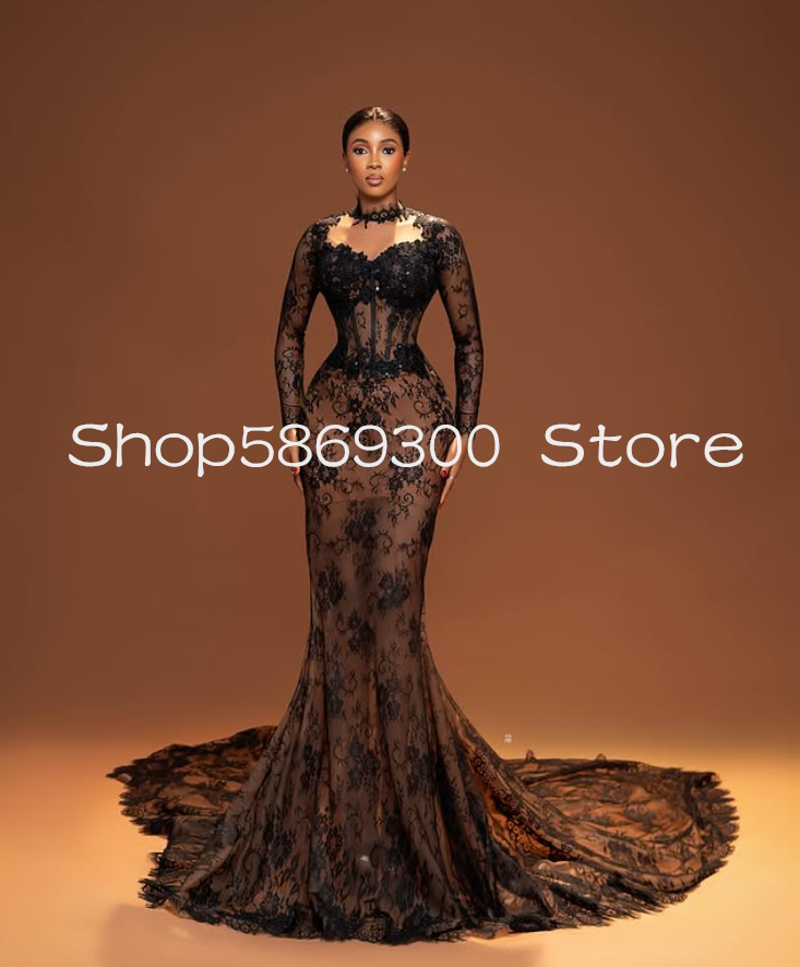 Black Champagne African Mermaid Evening Formal Dresses Lace Applique Long Sleeve Aso Ebi Boning Prom Gala Gown Customsized