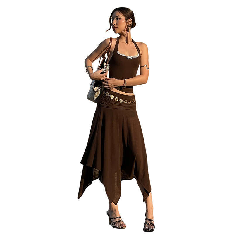 2025 Summer New Fashion Halter Neck Sleeveless Top High Waist Bodycon Skirt Set 6e8