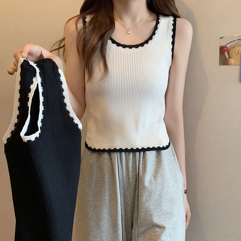 SXZY White Wide Strap Knitted Camisole Women, Summer New Design, Niche French Style Inner Wear Top for Women