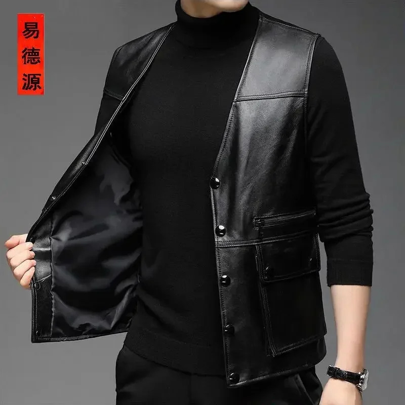 Genuine Leather Motorcycle Vest Mens sheepskin Waistcoat biker sleeveless jacket clothing chaleco bullet proof club vest 250725