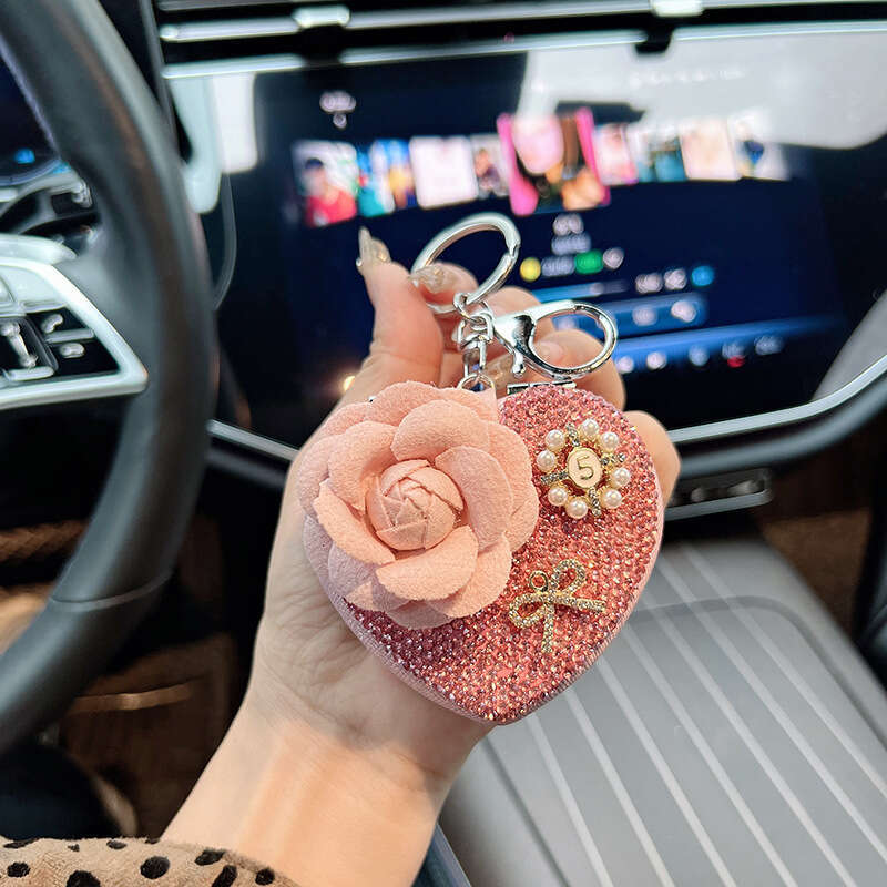 New Camellia Heart with Rhinestones Portable Folding Mirror Car Keychain Beaded Bag Pendant