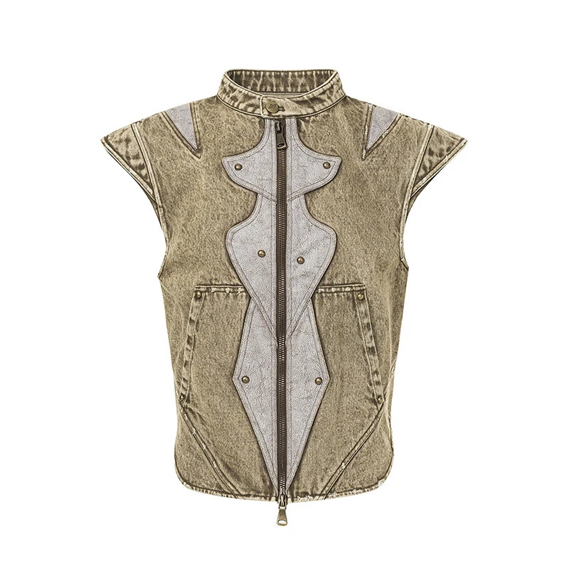 FEWQ PU Leather Splicing Sleevless Male Denim Vest Contrast Color Stand Collar Washing Summer Loose Mens Coats Niche 24K4262 250725