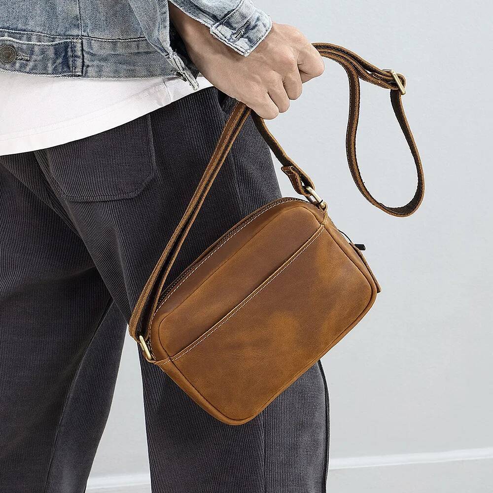 Vintage Crazy Horse Leather Crossbody Bag - Minimalist Unisex Small Square Top-Grain Cowhide Shoulder Bag, Boho Niche Style