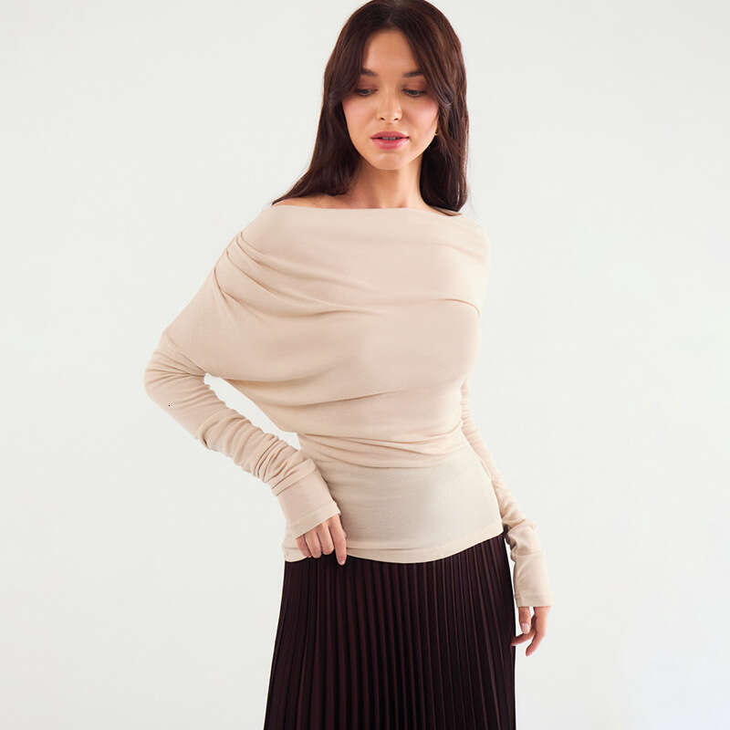 Ytp591 Autumn Winter Women's Sexy Asymmetrical Neck Off-Shoulder Ruched Waist Solid Color Short Top T-Shirt B5