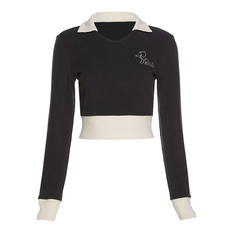 2022 Spring New Fashion Women's Clothing Color-Block Slim Fit Long Sleeve Crop Top T-Shirt for Women a61