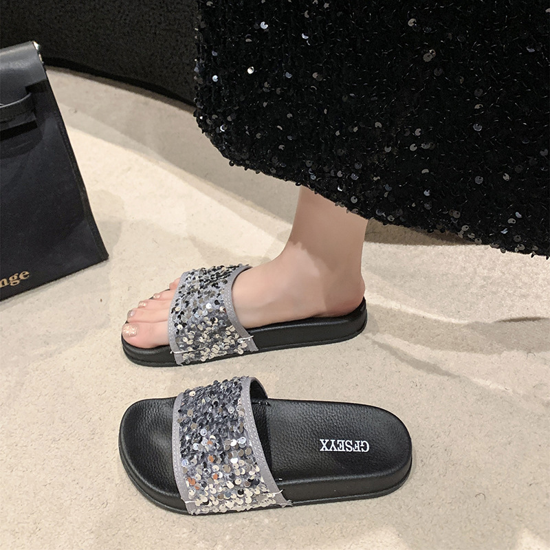 Ddmysports New Women S Summer Fashion Sequin Thick Soled Height Increasing Beach Non Slip Platform Slide Sandals Outdoor Shoes