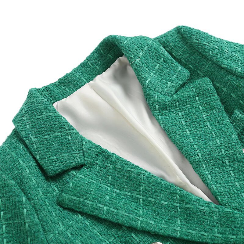 Women's Spring Autumn Fashion Double Breasted Tweed Plaid Blazer Coat Retro Long Sleeve Pocket Jacket