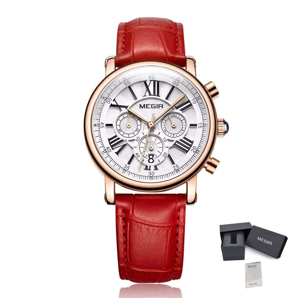 MEGIR Women's Roman Numerals Watch - Leather Strap, Chronograph, Waterproof, 38mm - Fashion Quartz