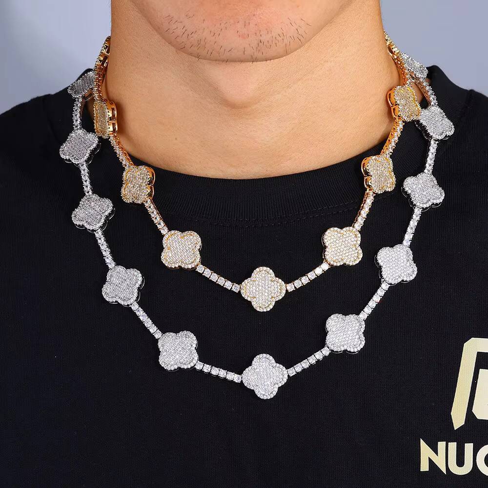 Hip Hop Clover Tennis Chain S925 Silver Moissanite Men Versatile Necklace Versatile