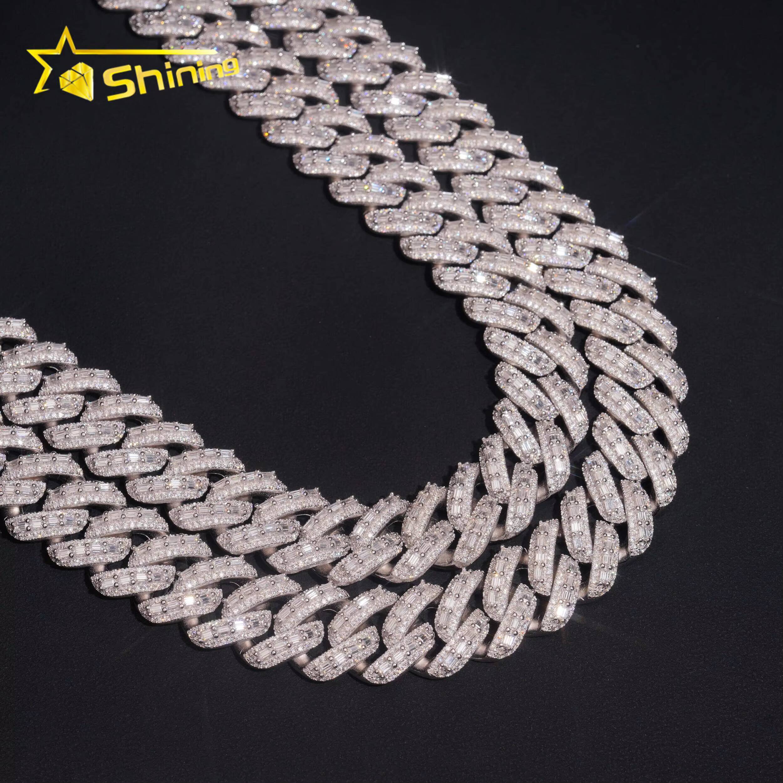 Baguette Moissanite 18mm Necklace Fine Jewelry VVS Iced Out Moissanite Pass Diamond Test 925Silver Gold Hip Hop Cuban Link Chain