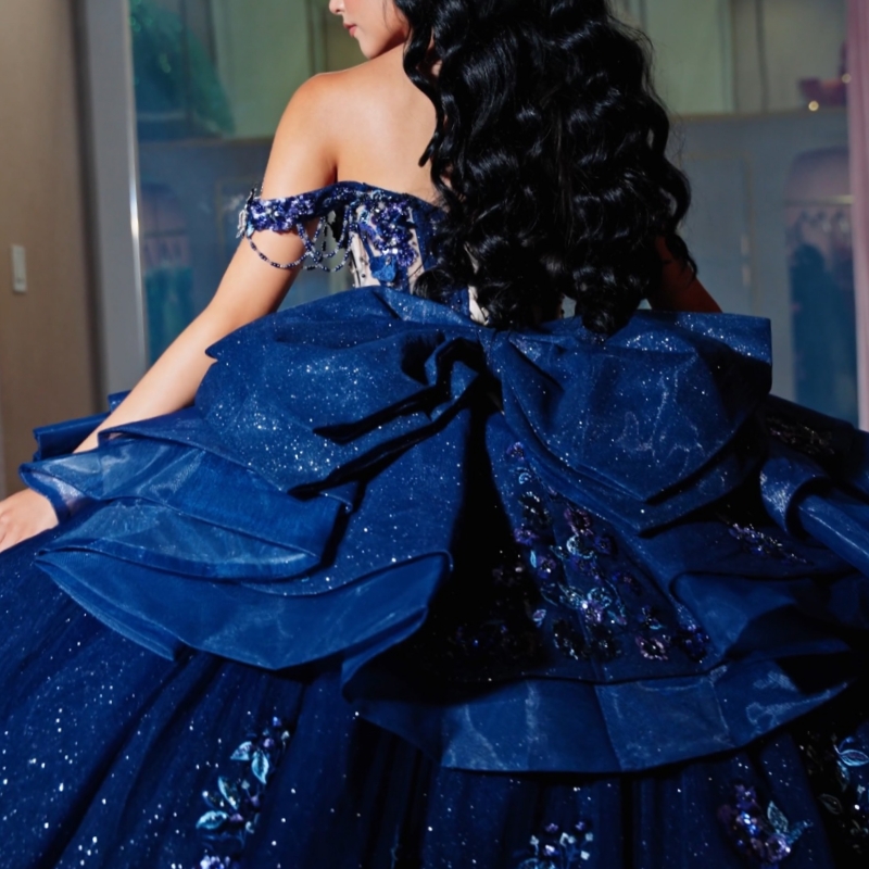Navy Blue Shiny Quinceanera Dresses Ball Gown Off The Shoulder Applique Lace Beads Bow Party Birthday Sweet 16 Dress Vestidos 15 Vestidos 15 Anos