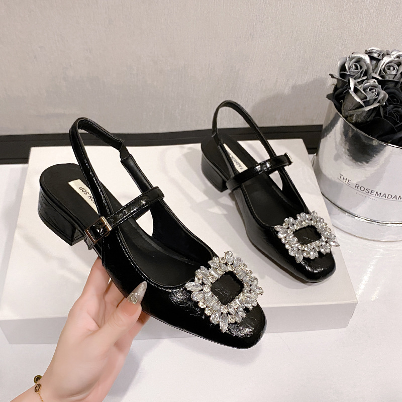 Ddmysports Slip On Rhinestone Mary Jane For Women Spring Summer New Chunky Low Heel Square Toe Evening Style Shallow Mouth Single Shoes Outdoor Shoes