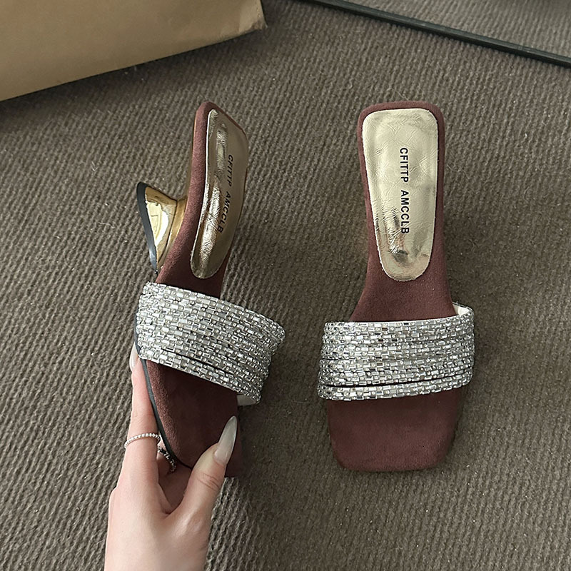 Ddmysports French Style Elegant Rhinestone One Strap Summer Outdoor Mid Heel High Slippers Square Toe Sandals Outdoor Shoes