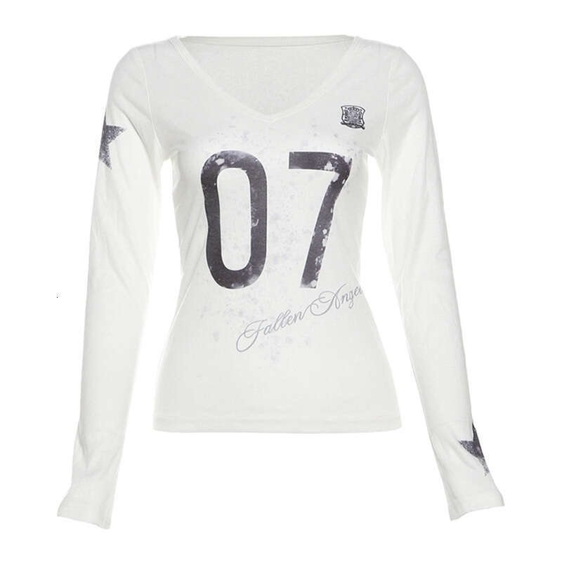2024 Autumn New Women's Solid Color Slim Street Fashion V-Neck Printed Long Sleeve Top eea