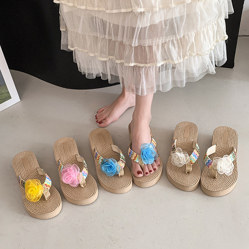 Ddmysports New Fairy Style Wedge Flip Flops For Women Summer Fashion Straw Woven Flower Thick Sole Casual Pastoral Vacation Beach Sandals Outdoor Shoe