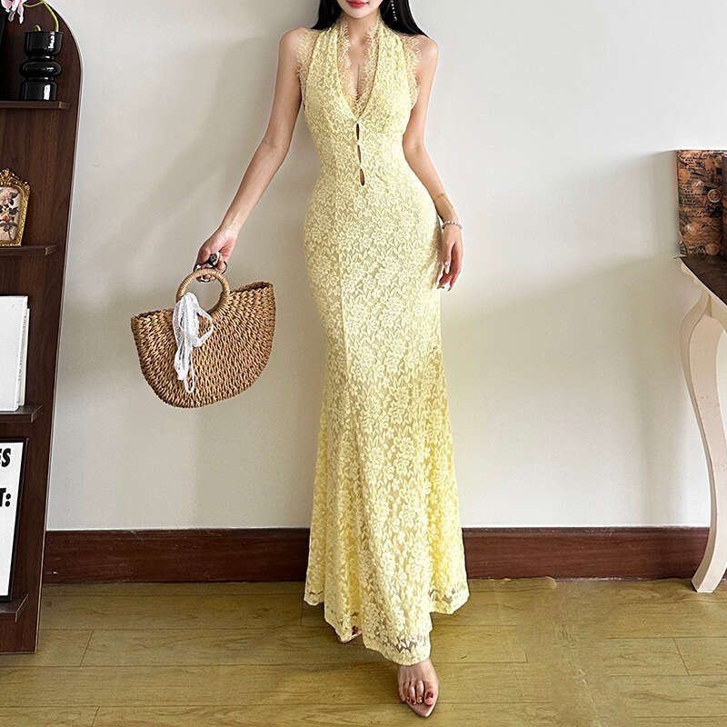 2025 Spring Summer New Solid Color Sexy Halter Neck Slim Waist Long Dress for Women a35