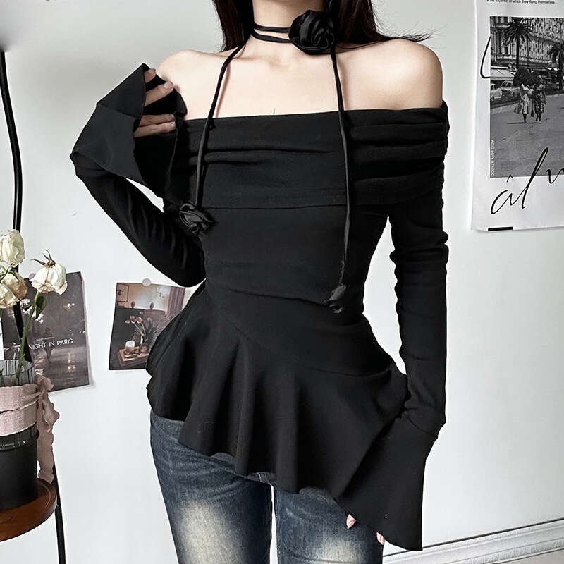 2023 Autumn Winter New Women's Street Fashion Solid Color Off-Shoulder Long Sleeve T-Shirt 710