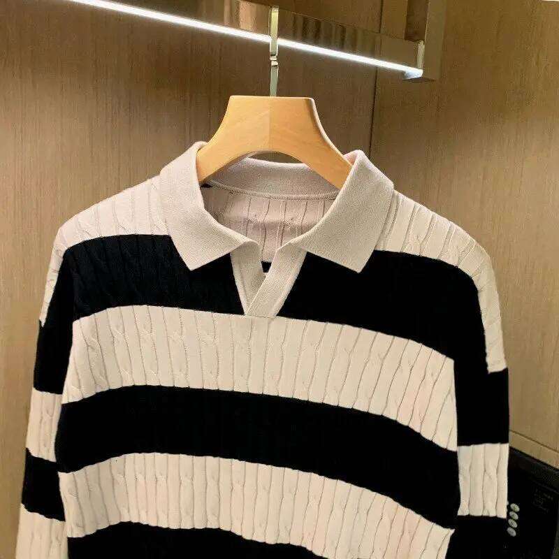 Autumn Winter Men Knitted Polo Striped Turn-Down Collar Shirts Twisted Weaven Patchworked Tops Outwear
