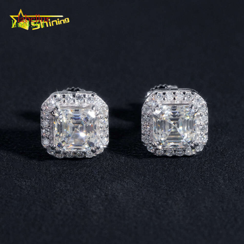 New Style Fine High Quality Asscher Cut Stud Sier Hip Hop Iced Out VVS Halo Moissanite Earrings