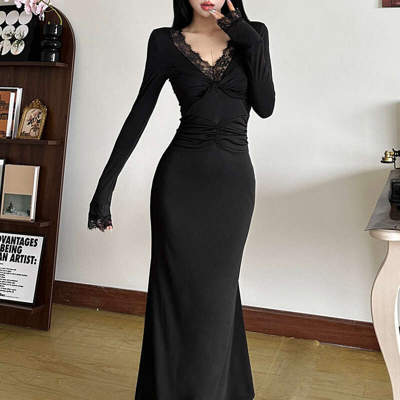 2024 Autumn New Women's Solid Color Slim Fashion V-neck Lace Trim Long Sleeve Dress a33