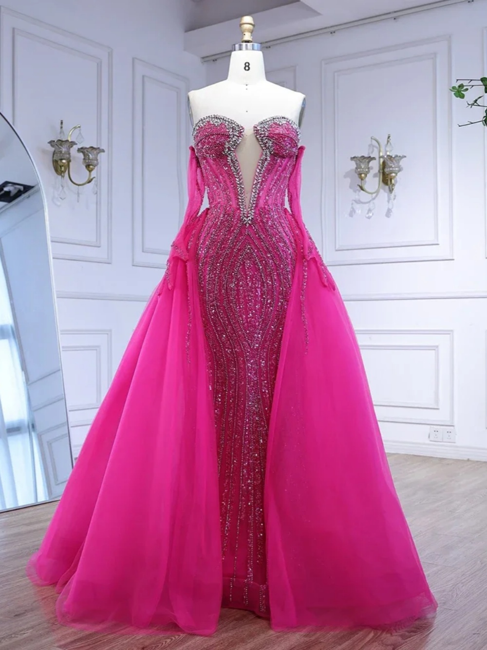 Princess Crystal Mermaid Evening Dress Off Shoulder Beaded Sequins Prom Gowns Detachable Sweep Train Party Dresses Customized