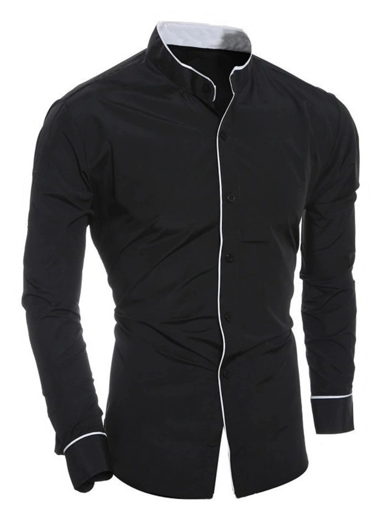 Spring and autumn mens longsleeved solid color shirt standup collar comfortable buttondown fashionable slim 250725