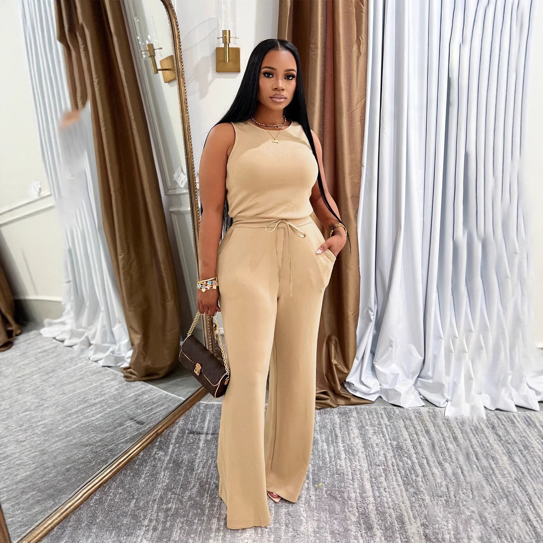 TW728 Summer New Versatile Fashion Slimming Casual Womens Sleeveless Tie Solid Color Commuter Jumpsuit