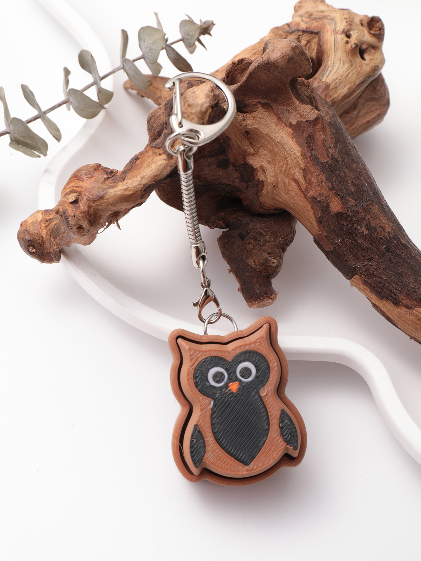 3D printed owl keychain - an adult stress relief toy with a portable anxiety-reducing gadget featuring a clickable keyboard design