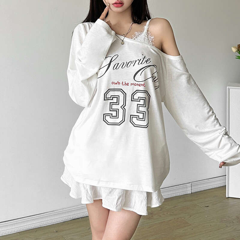 2024 Autumn New Women's Solid Color Loose Street Style Fashion Asymmetrical Neck Printed Long Sleeve Top 11f