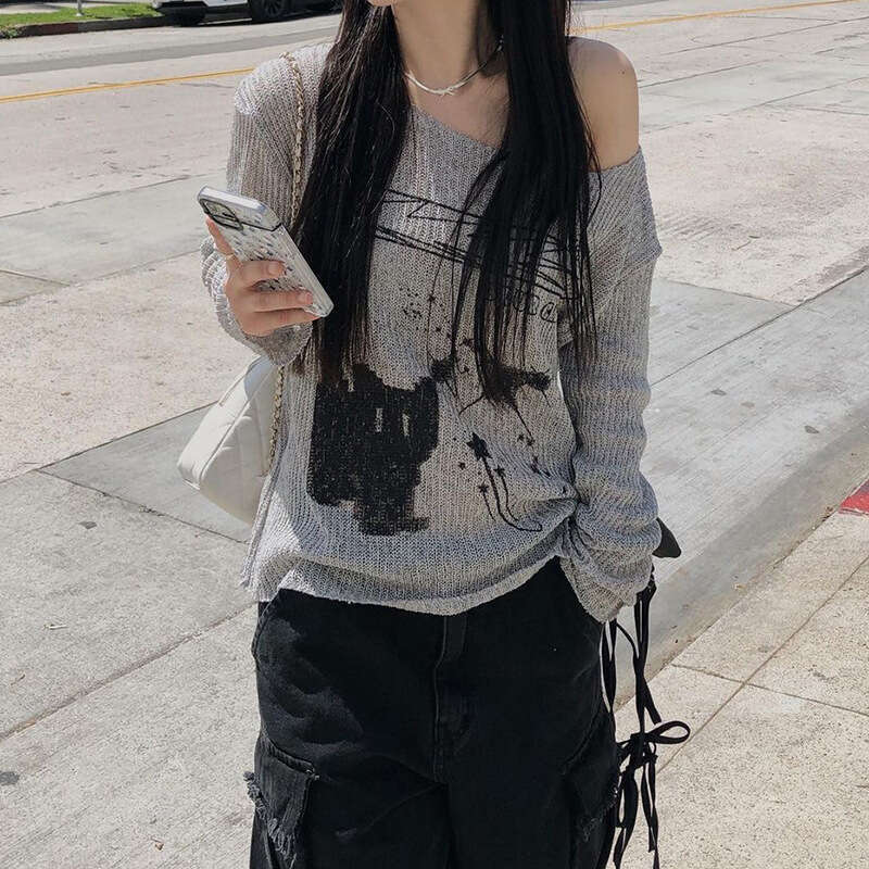 INS2024 Summer New Women's Solid Color Loose Street Fashion Asymmetrical Neck Long Sleeve Top b58