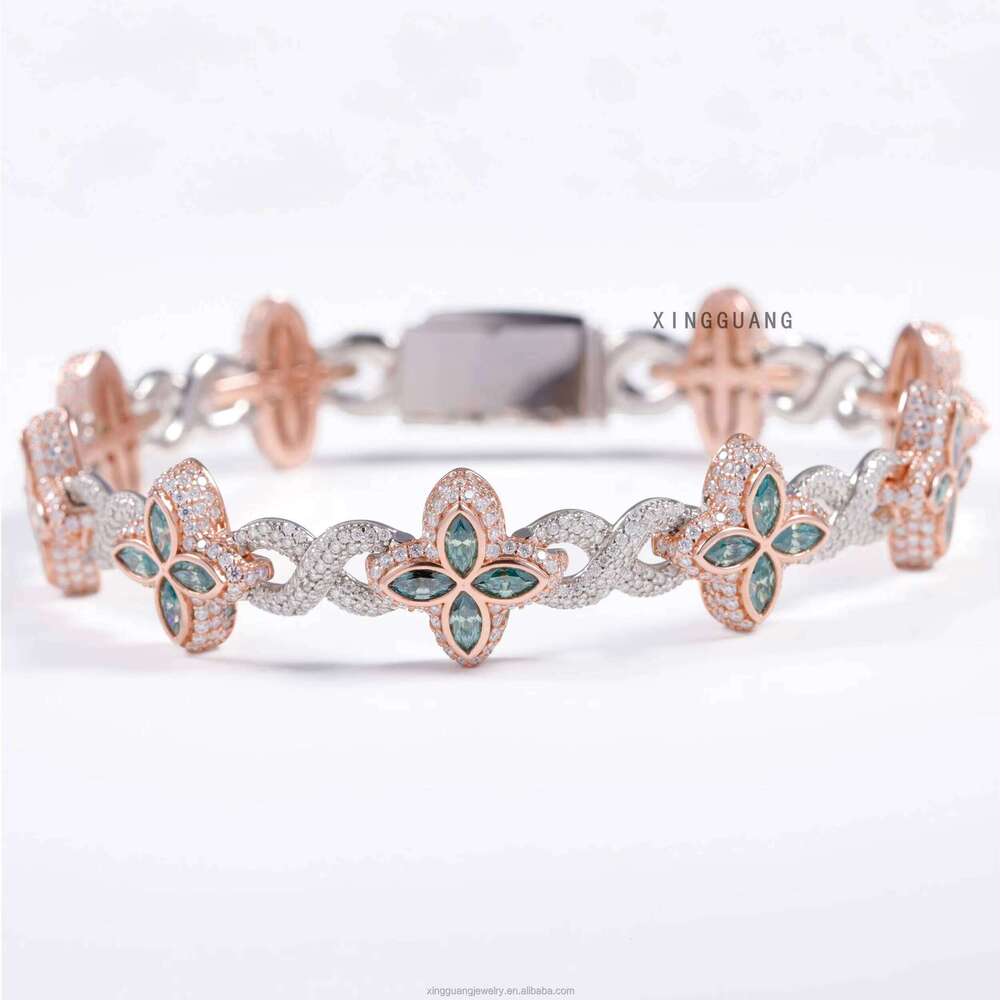 New Fashion Four Leaf Sterling Sier Colored Marquise Moissanite Infinity Link Clover Cuban Bracelet