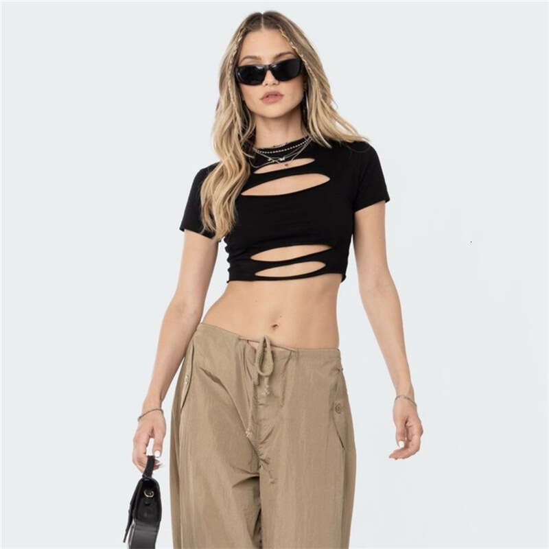 2023 Summer New Women's Solid Color Slim Fit Crop Top Fashion Round Neck Hollow Out Short Sleeve T-Shirt for Women b71