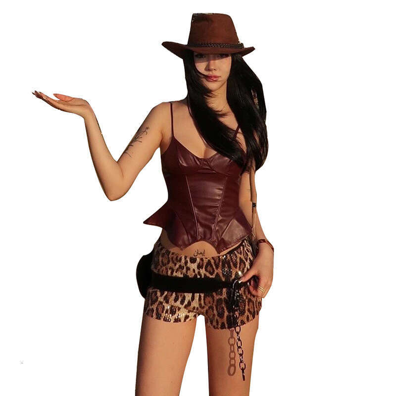 2025 Summer New Women's Solid Color Sexy Strap V-Neck PU Leather Crop Top Vest a5e