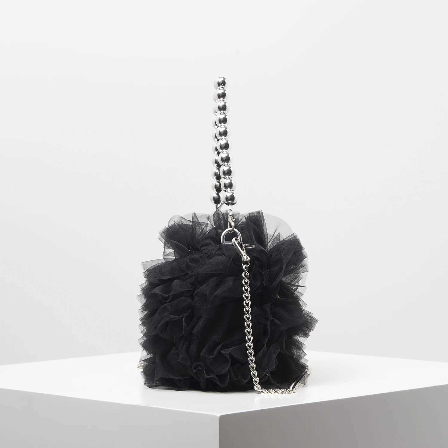 Netted Ruffled Tote Bags for Ladies Metal Chain Crossbody Bag Dresses for Women Elegant Bag for Women Wedding Items Y250725