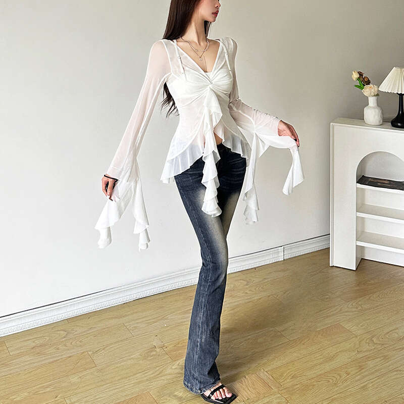 2024 Summer New Women's Solid Color Slim Street Fashion V-Neck Long Sleeve Sheer Top 2f6