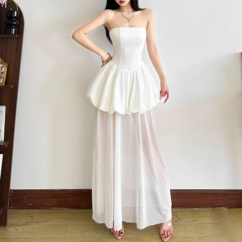 2025 Summer New Sleeveless Backless Tube Top Floral Waist Slimming Puff Long Dress for Women d55
