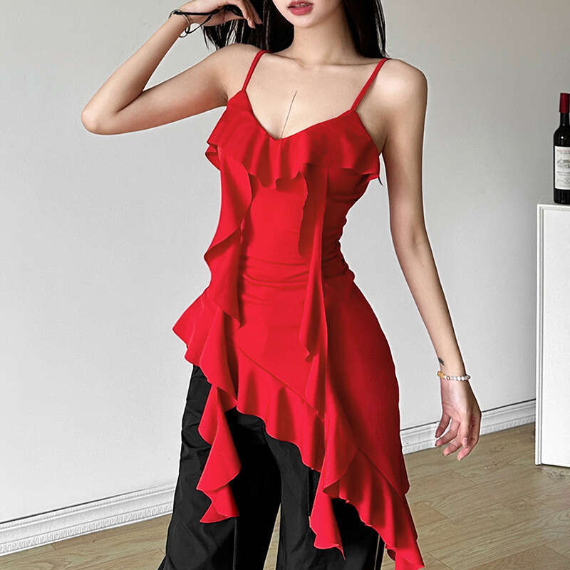 2024 Spring New Women's Solid Color Slim Fit Fashion V-neck Strap Ruffle Dress 020