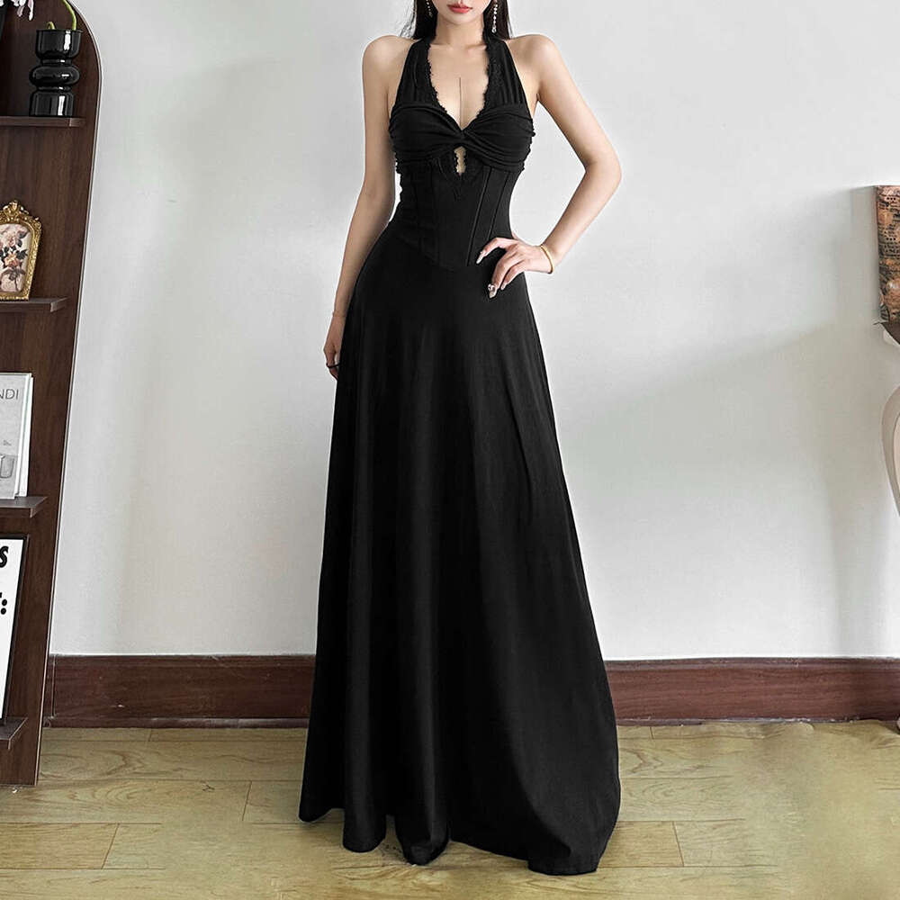 2025 Summer New Pure Desire Slim Fit Elegant Fashion Casual Halter Neck Hollow Out Sleeveless Dress for Women 01c